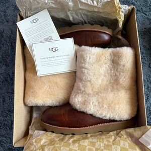 NIB UGG Maylin Chestnut Brown Womens Pull On Leather Shearling Cuff Boots 10